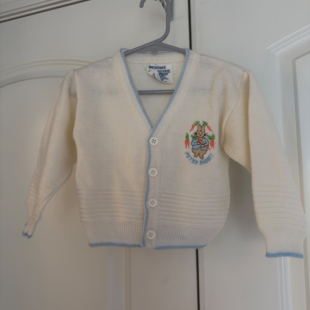 Vintage Beatrix Potter Quiltex Peter Rabbit Cardigan Sweater Cream Blue 18M